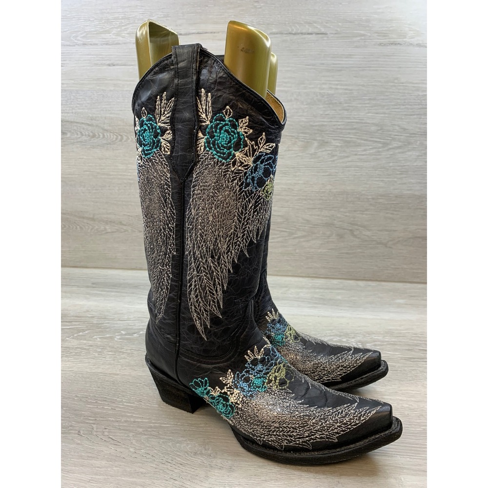 Circle G by Corral Black Leather Wing Floral Embroidered Cowboy Boots 7.5